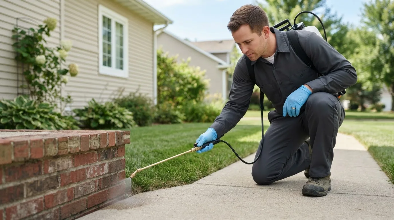 Pest control technician treating a home near Lakewood, NY